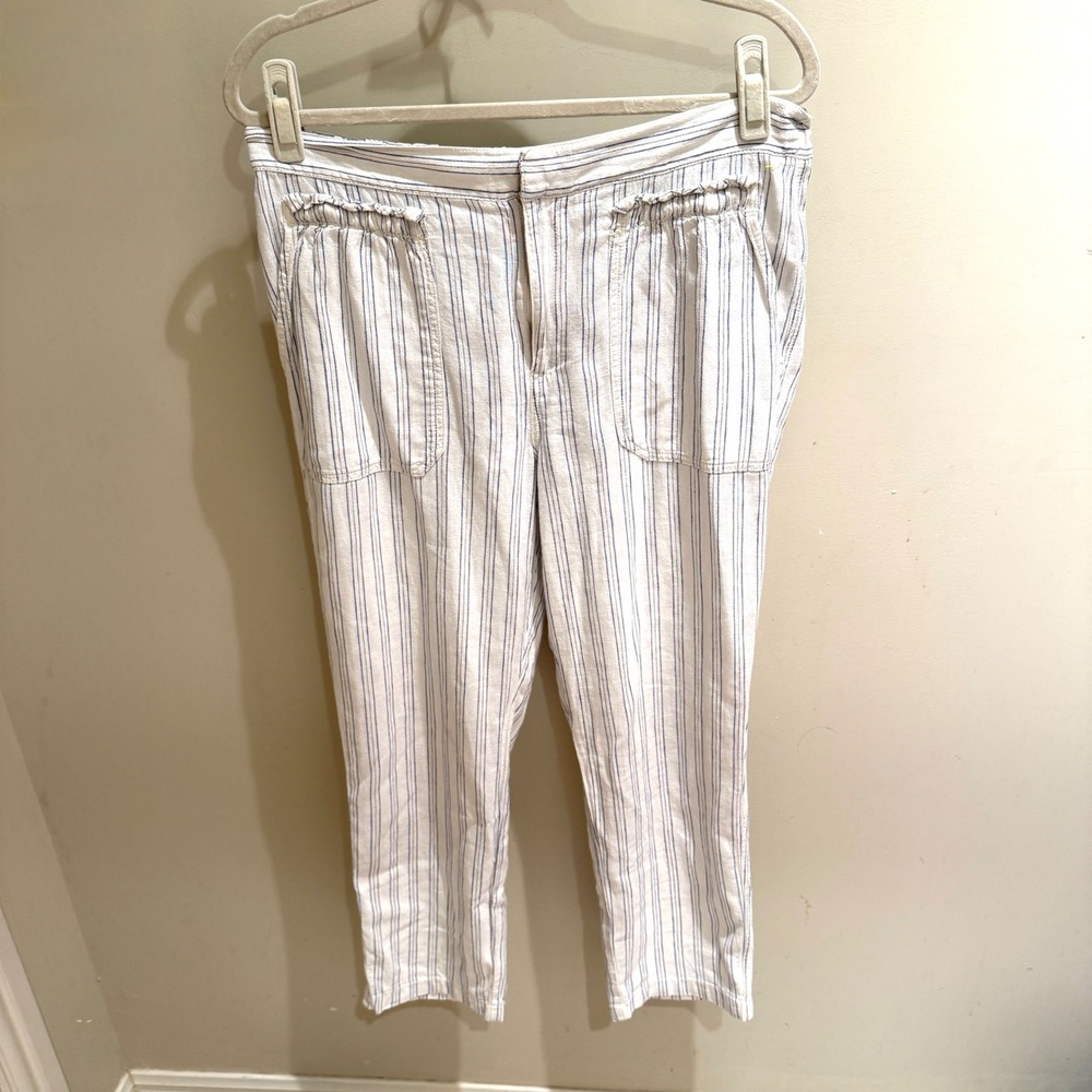 Anthropologie Postmark Blue White Striped Linen Blend Ruffle Pocket Pants Size M